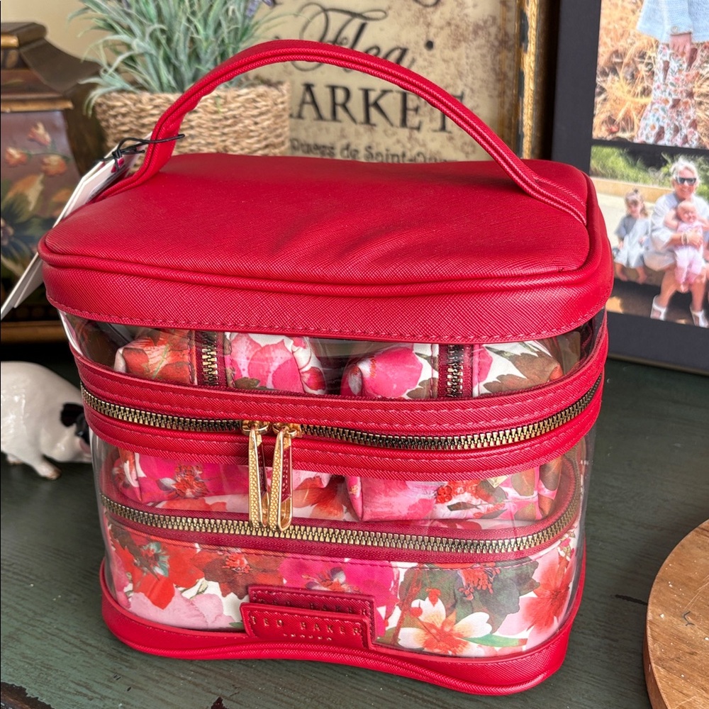 Ted Baker Cosmetic Bag Train Case Set 4 Piece Red Pressed Flowers